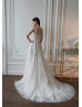 Square Neck Ivory Glitter Lace Tulle Open Back Wedding Dress